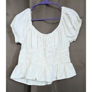 Sim & Sam Crop Top Women's XL Beige Peasant Puff Sleeve Milkmaid Cottagecore